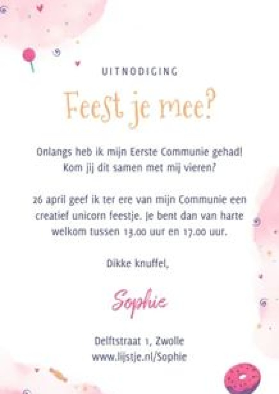 Communiekaarten | Kaarten Kaartje2go Uitnodiging Lentefeest Communie Eenhoorn Roze Magisch Snoep