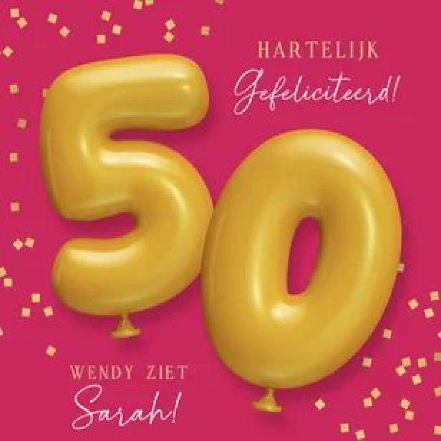 Verjaardagskaarten | Kaarten Kaartje2go Verjaardagskaart Sarah 50 Ballonnen Confetti Goud