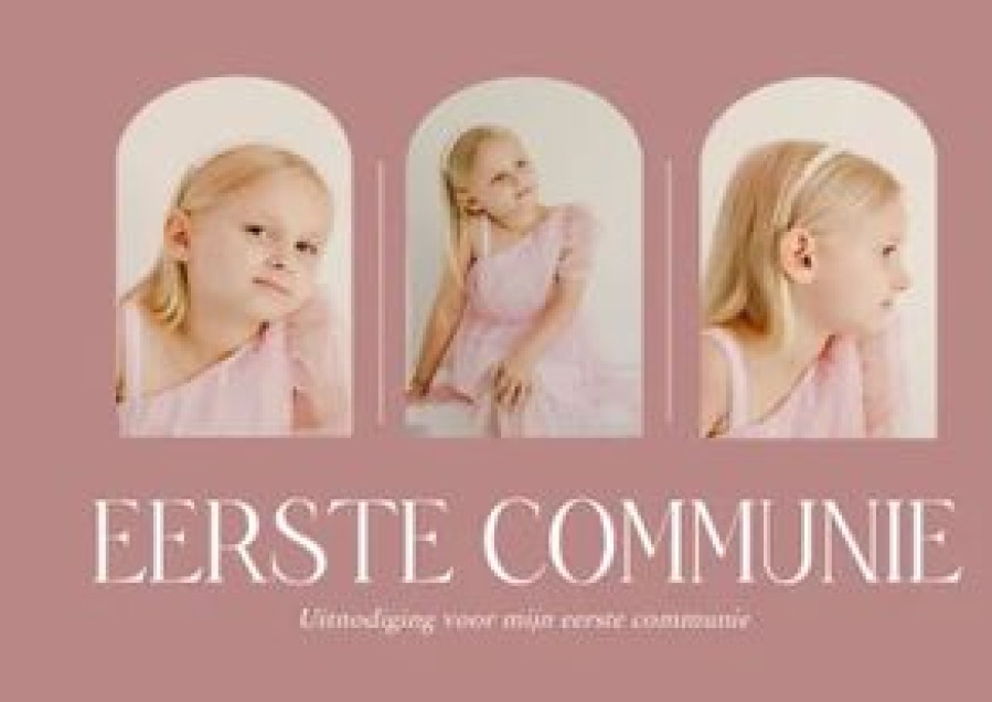 Communiekaarten | Kaarten Kaartje2go Stijlvol Roze Fotocollage Kaartje Voor Communie Met Bogen