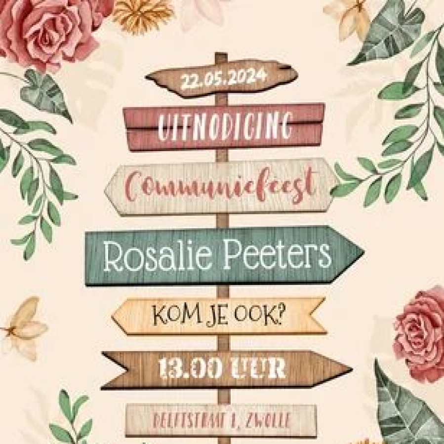 Communiekaarten | Kaarten Kaartje2go Communiefeest Bloemen Wegwijzers Hout Roze Vintage