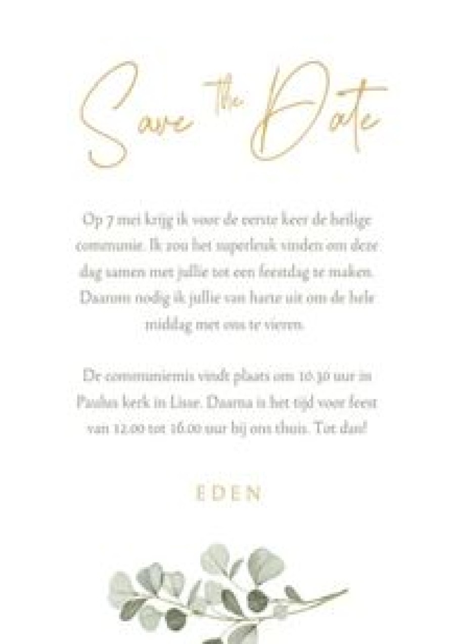 Communiekaarten | Kaarten Kaartje2go Save The Date Communie Eucalyptus Goud Hartjes