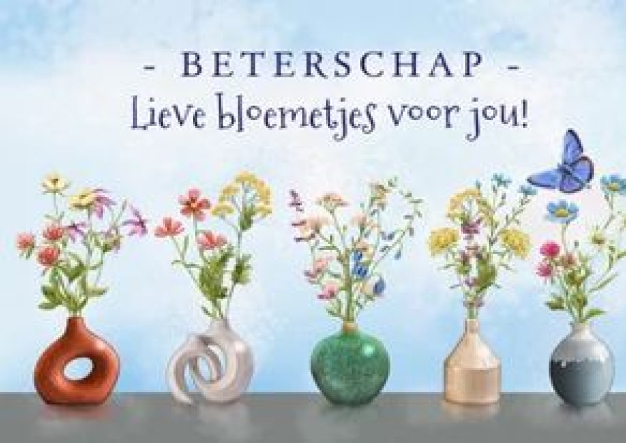 Beterschapskaarten | Kaarten Kaartje2go Leuke Beterschapskaart Met Vaasjes Met Geschilderde Bloemen